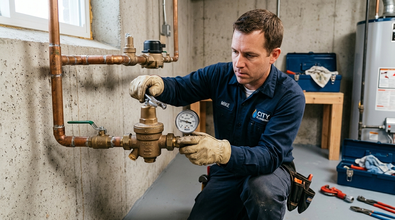 Professional plumber conducting diagnostic inspection on main water supply shutoff valve during emergency