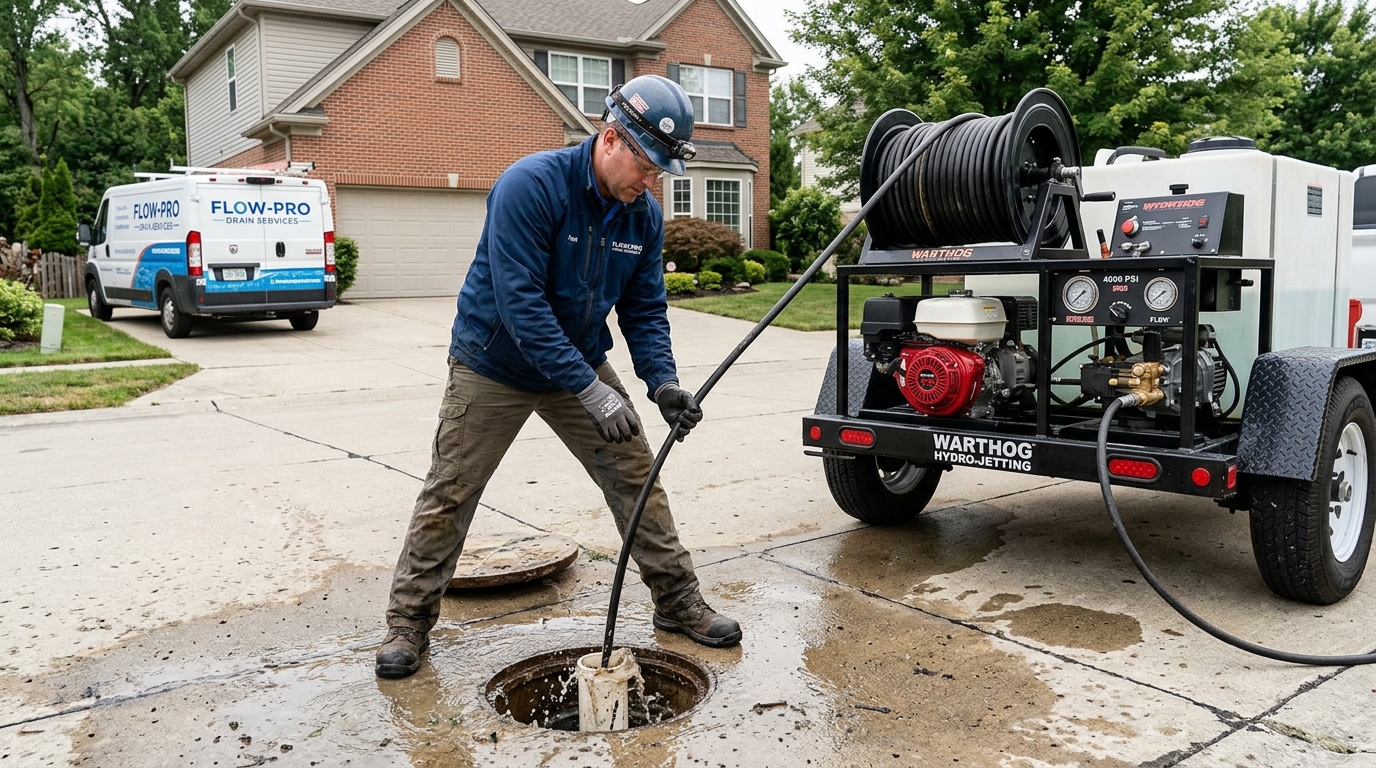 High-pressure hydro jetting equipment clearing blocked main drain line in Salt Lake City