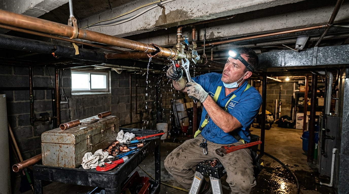 Emergency Pipe Repair technician diagnosing pressurized water line rupture in Salt Lake City