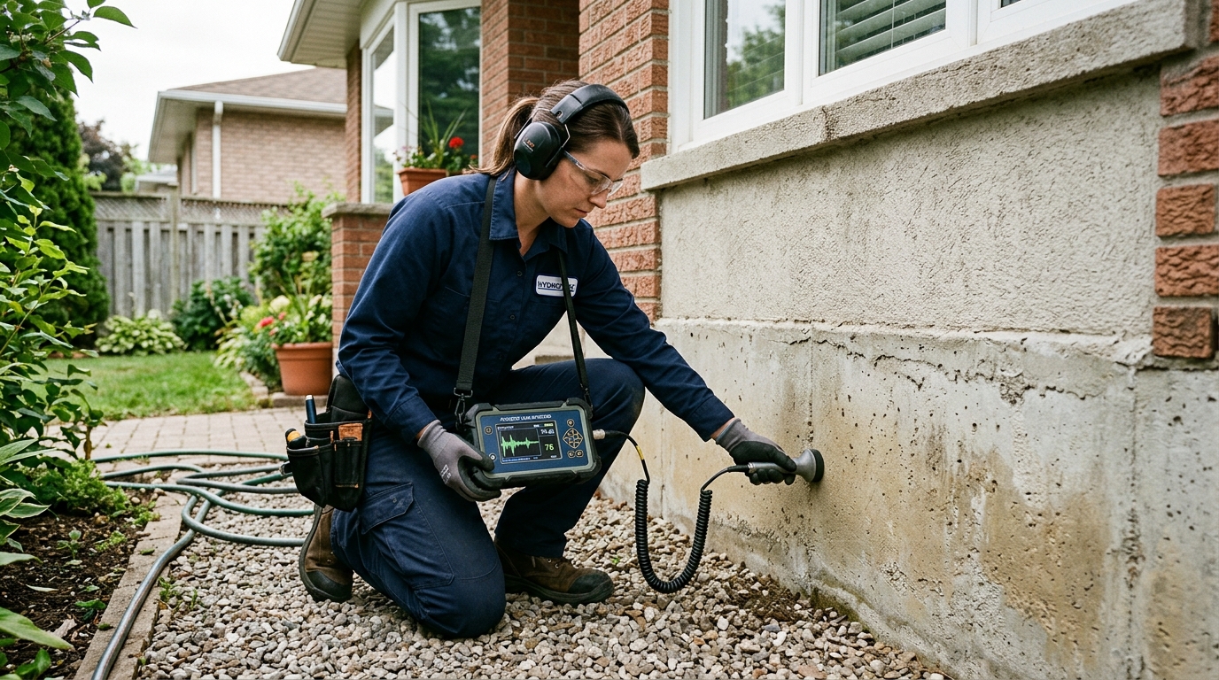 Acoustic leak detection equipment pinpointing hidden water leak under concrete slab