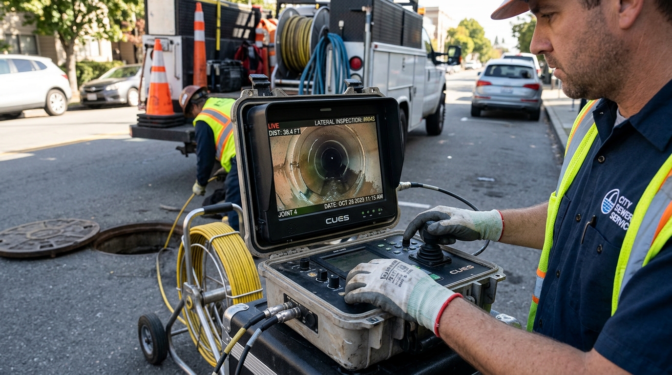 Trenchless sewer line camera inspection inspecting underground main pipe